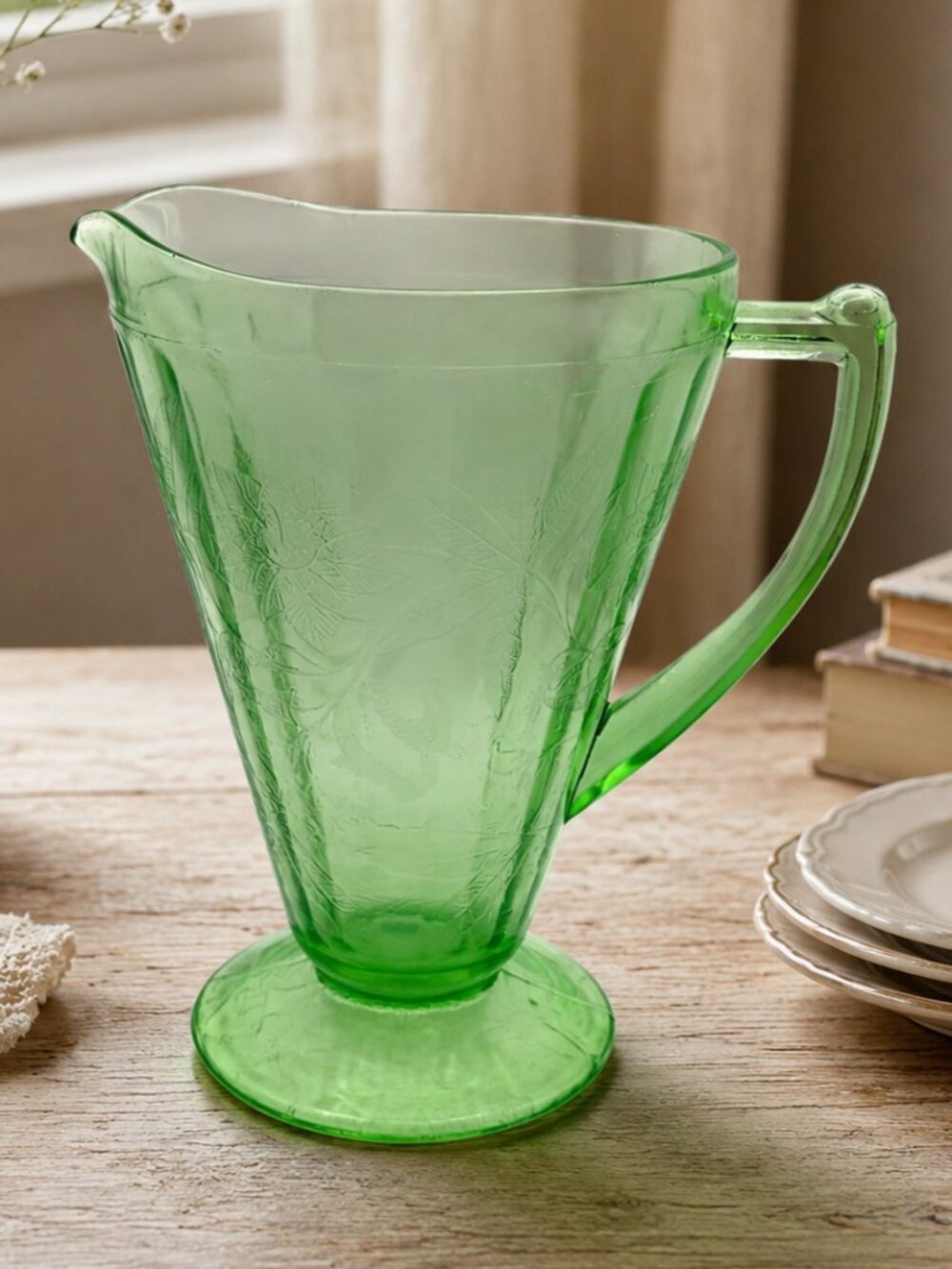 Vintage Jeannette Uranium Glass Etched Floral Footed Pitcher